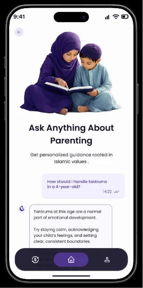 Tarbiya AI app showing a parenting question answered with optional Islamic guidance